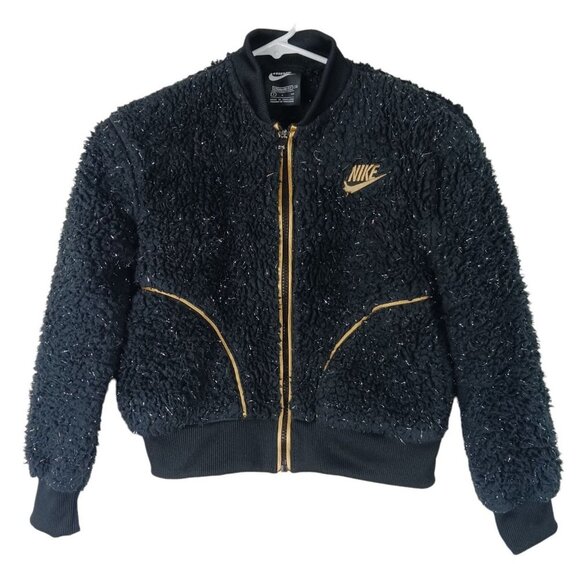 Nike Kids Girls Full Zip Sherpa Jacket Black Size Small Sportswear Metallic - Picture 1 of 10